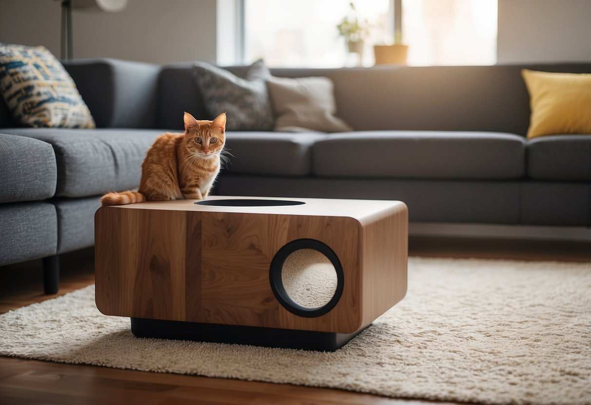 A modern living room with a sleek, wooden cat litter furniture piece seamlessly blending in with the decor. A cat lounges on top, while the litter box is discreetly hidden within