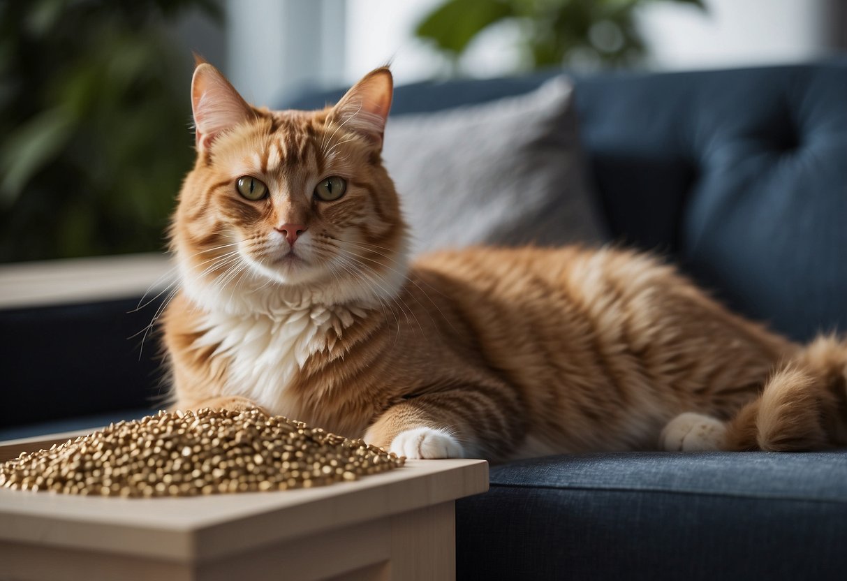 A cat lounges on a stylish piece of furniture, surrounded by various cat litter products. The furniture is labeled "Frequently Asked Questions cat litter furniture."