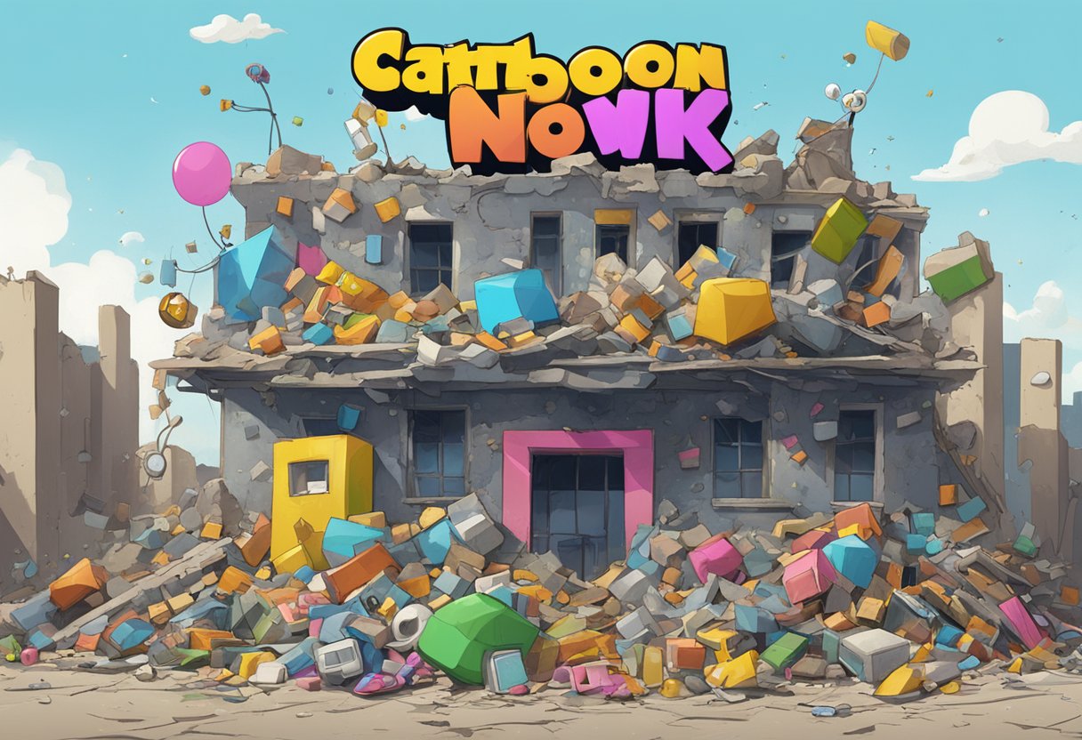 Cartoon Network logo on a crumbling building, with scattered toys and abandoned animation equipment
