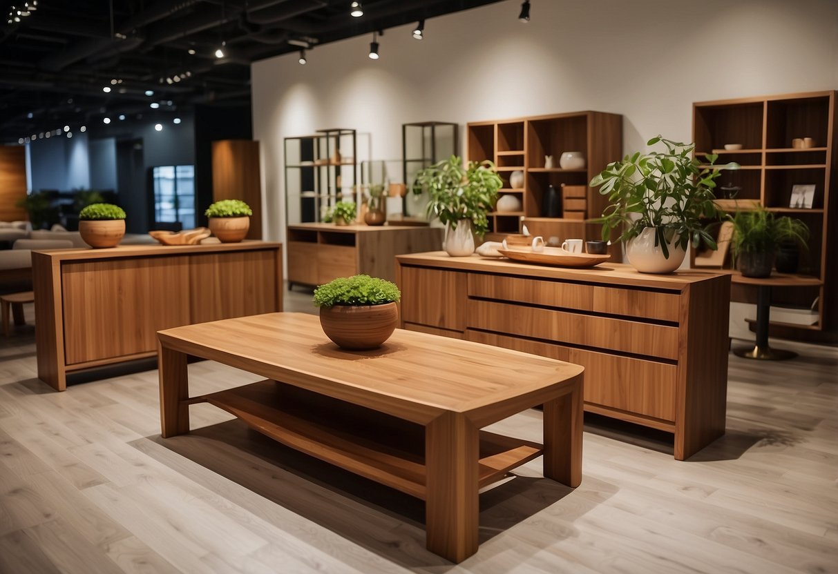 Teak wood furniture displayed in a modern showroom with clean lines and warm lighting