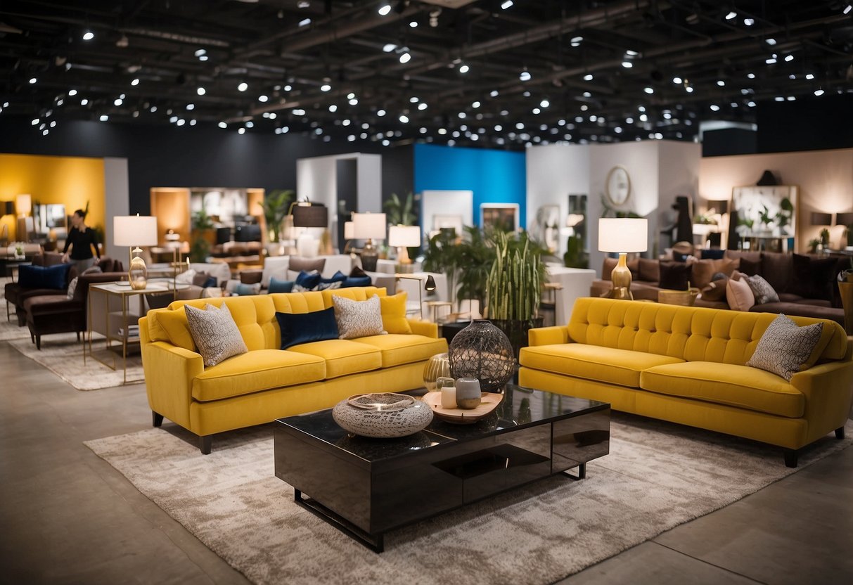 The bustling furniture fair featured rows of modern and traditional pieces, vibrant colors, and innovative designs. Bright lights illuminated the expansive showroom, while visitors eagerly explored the latest trends in home furnishings
