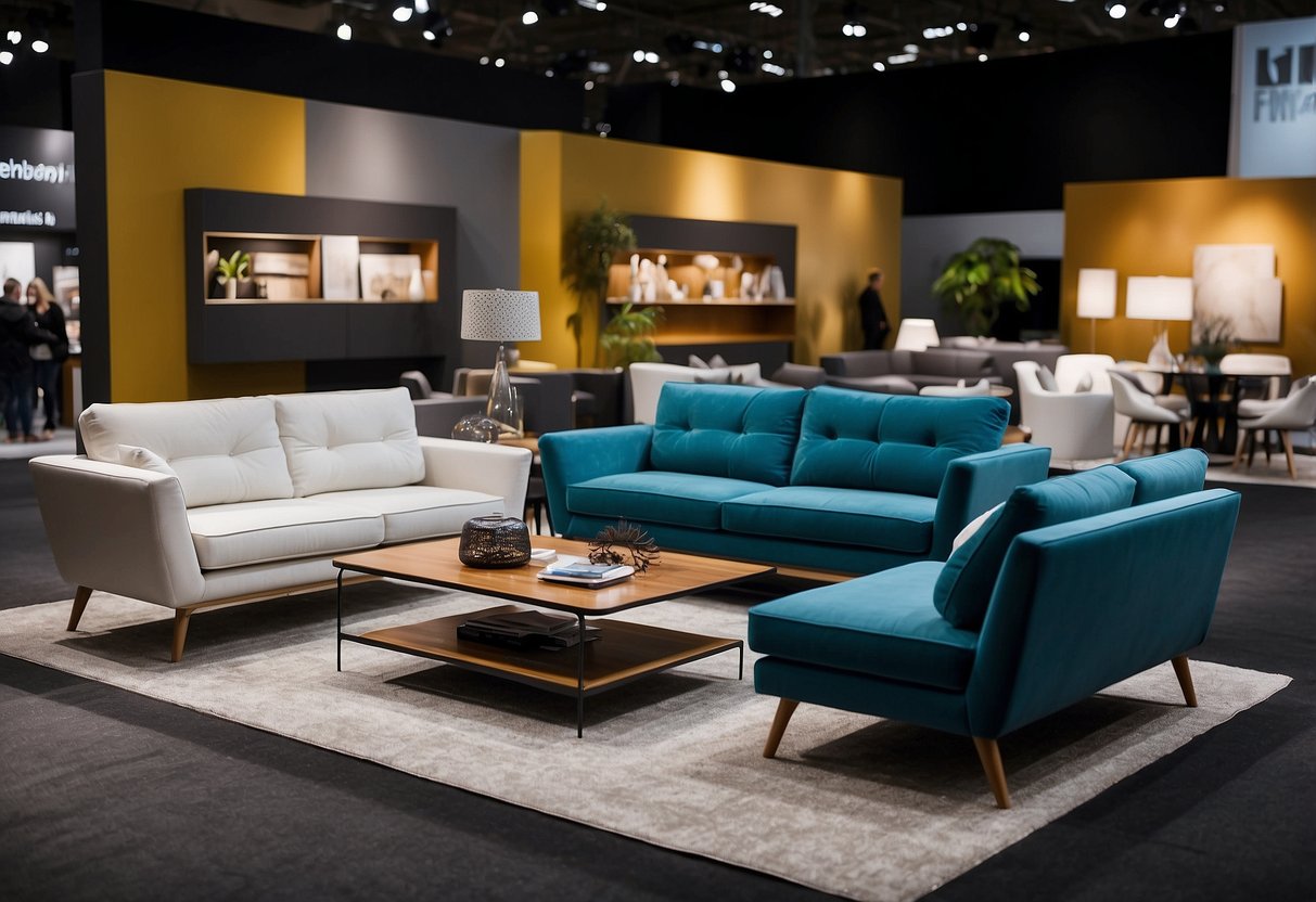 The furniture fair 2018 showcases a range of modern and classic furniture pieces, with vibrant colors and sleek designs. The exhibition hall is filled with rows of stylish sofas, elegant dining tables, and innovative storage solutions