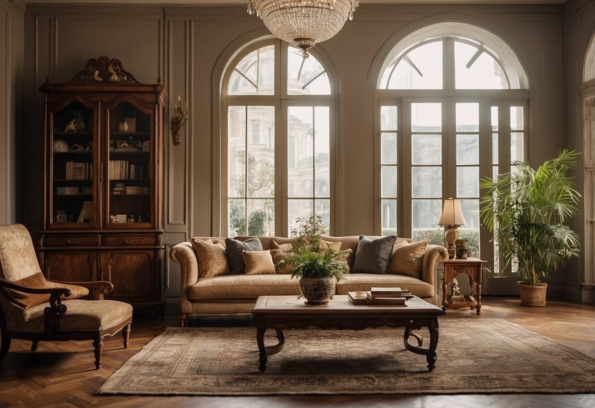 Antique furniture arranged in a stylish living room, with a vintage rug and classic artwork on the walls