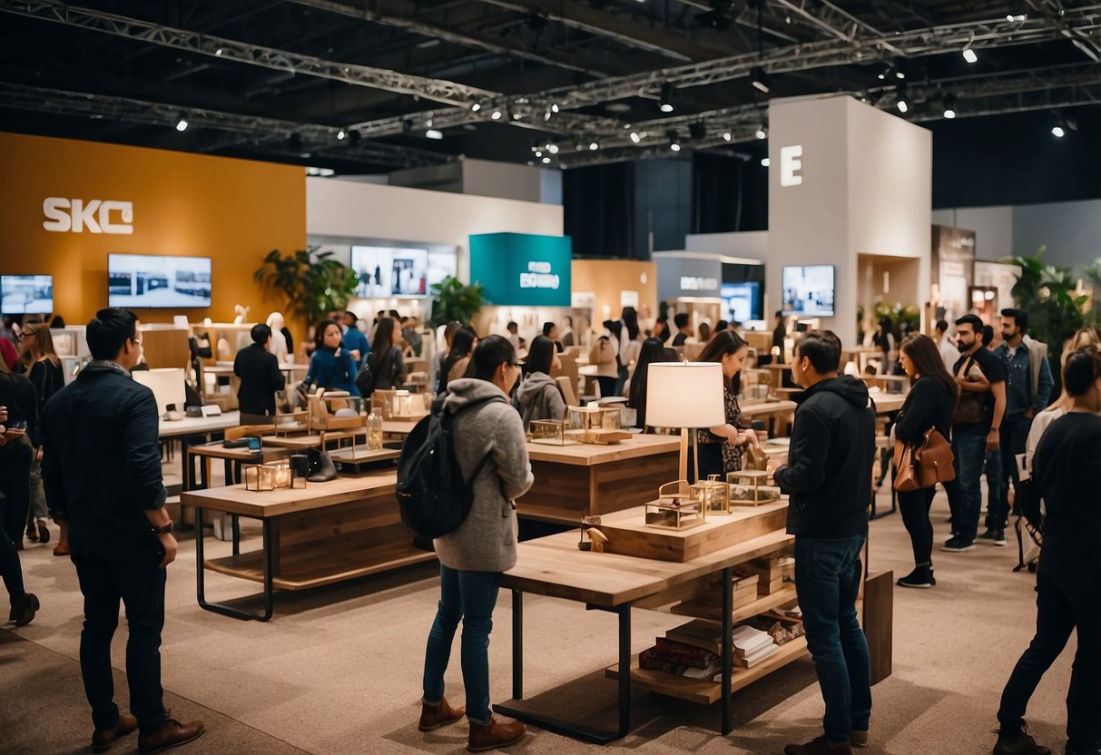 A bustling furniture fair with colorful displays, modern designs, and eager attendees browsing the latest offerings from various vendors