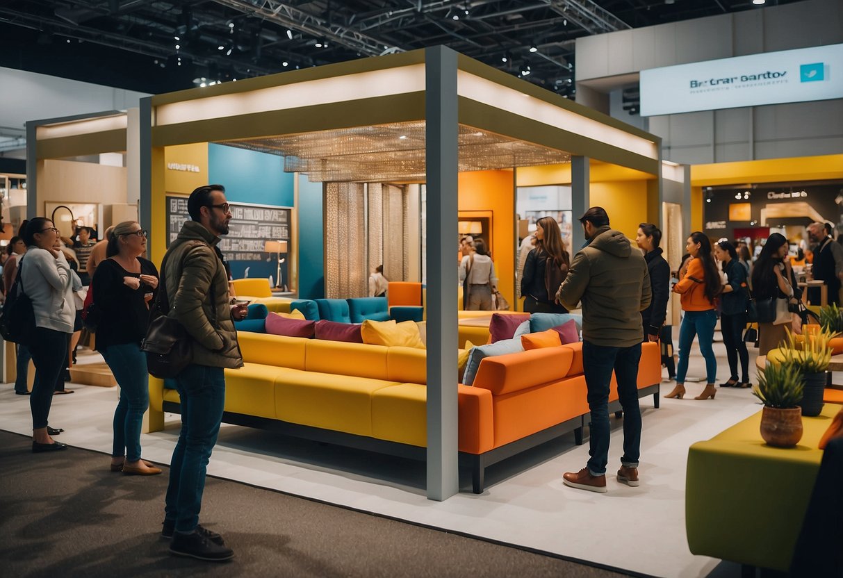 Visitors browsing through colorful booths at the bustling 2018 furniture fair, surrounded by innovative designs and trendy decor