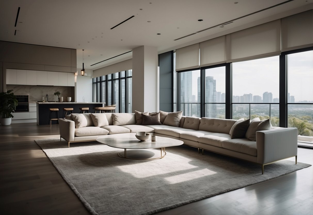 A modern condo showroom with sleek furniture, clean lines, and neutral colors. A large sectional sofa, a glass coffee table, and a minimalist dining set are arranged in the space