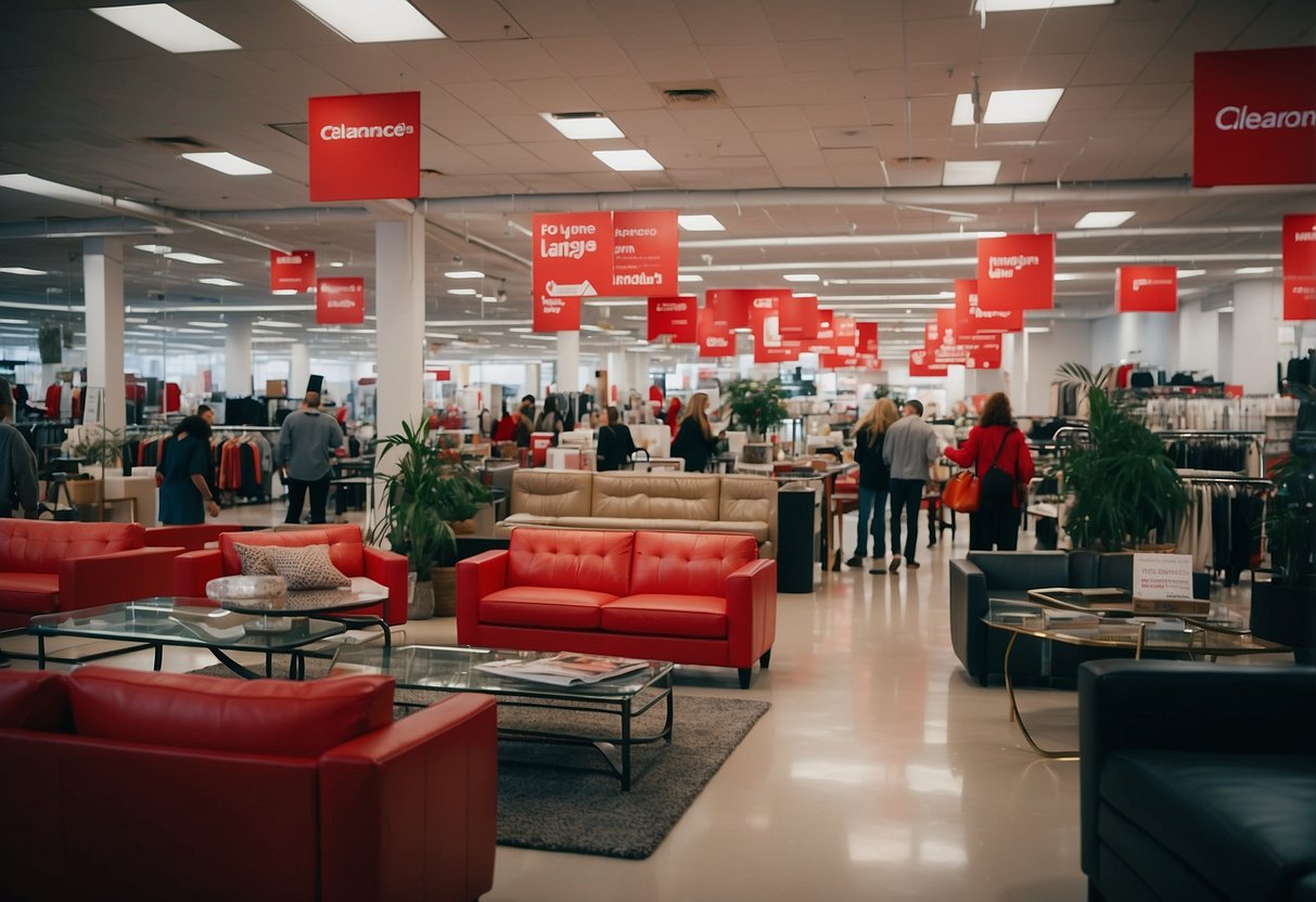 A crowded showroom with red "clearance" signs, scattered furniture, and excited shoppers browsing through discounted items