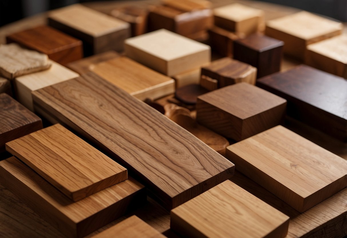Various wood samples arranged on a table, including oak, pine, cherry, and walnut. Light shines on the grains and textures