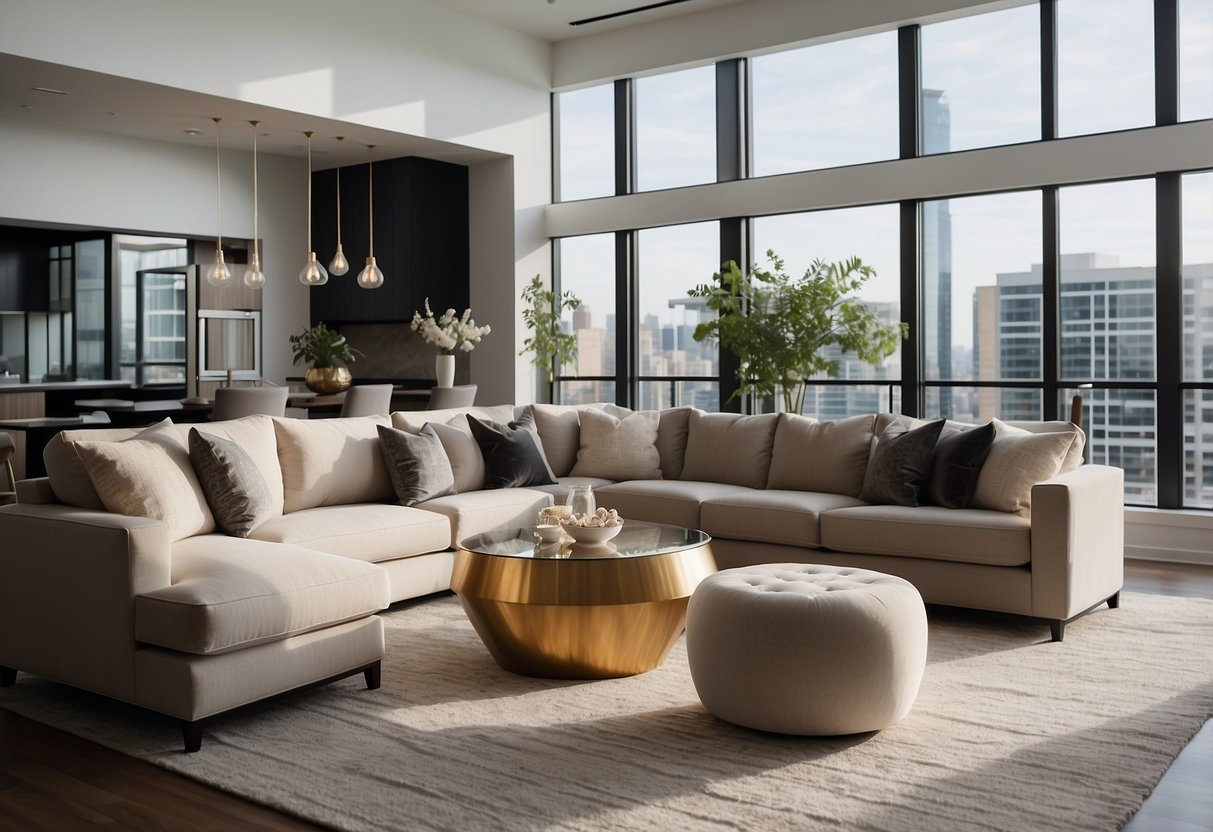 A modern condo showroom with sleek furniture, clean lines, and neutral colors. A large sectional sofa, a glass coffee table, and a minimalist dining set complete the space