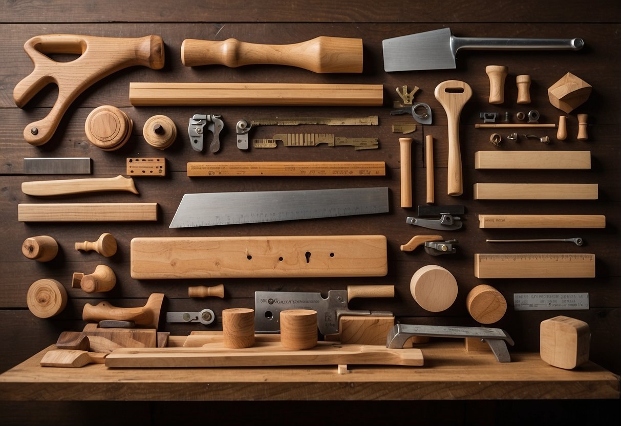 Various wood types arranged on a workbench, labeled with their uses. Oak, pine, maple, and walnut are visible. Woodworking tools are scattered around