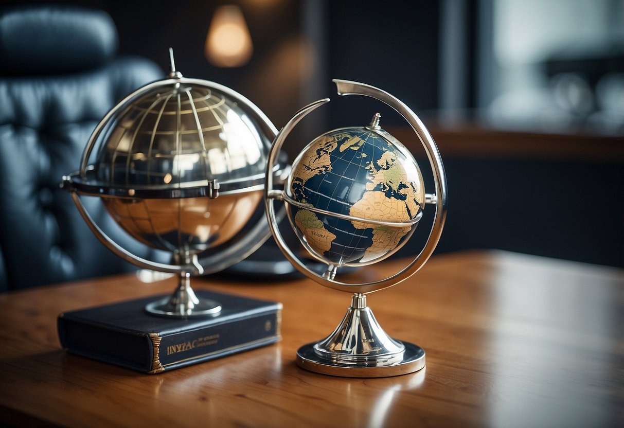 A sleek, modern aviation-themed chair sits next to a polished metal desk, adorned with airplane propeller bookends and a vintage globe