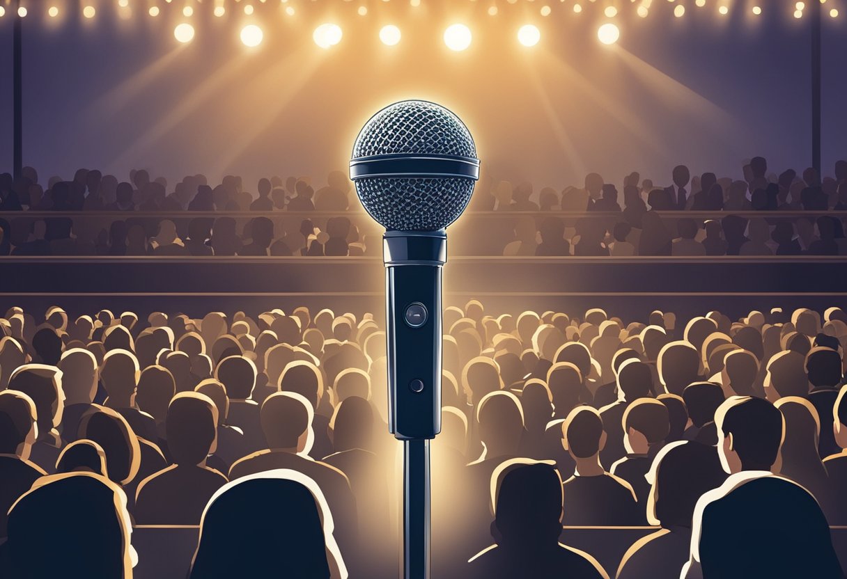 A microphone stands alone on a dimly lit stage, surrounded by a sea of eager fans. A spotlight shines down, highlighting the anticipation in the air