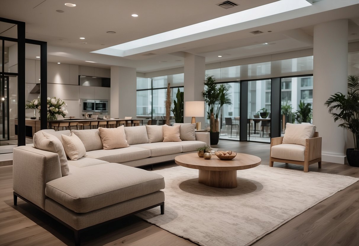 The condo showroom features modern furniture with sleek lines and minimalist design themes. Aesthetics focus on neutral colors and natural materials