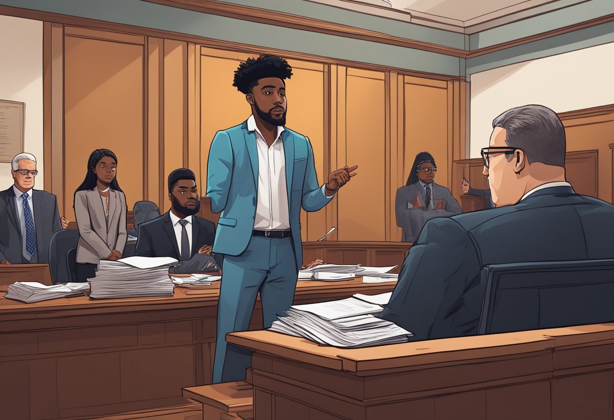 Lil Loaded standing in a courtroom with a judge and lawyers, surrounded by legal documents and evidence. The atmosphere is tense and serious