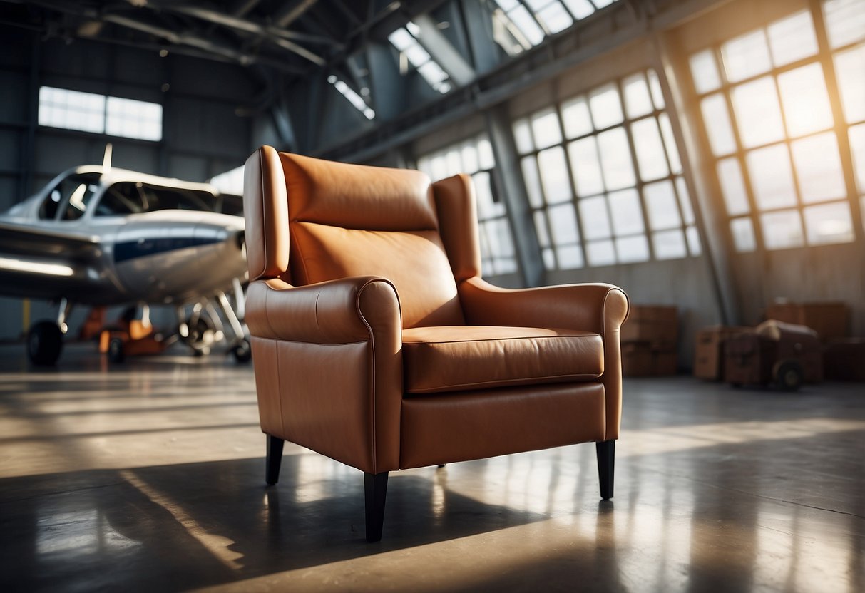 A sleek leather armchair with airplane wing-inspired armrests sits in a spacious loft, surrounded by aviation-themed decor and vintage aircraft parts