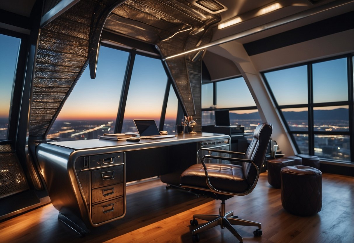 A sleek, modern aviation-themed office with a desk made from repurposed airplane parts, a chair designed to resemble a cockpit seat, and a bookshelf shaped like a wing