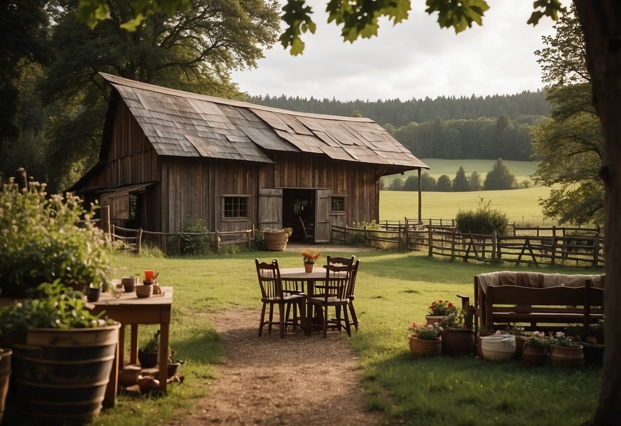 A rustic barn surrounded by country furniture, nestled in a serene countryside setting