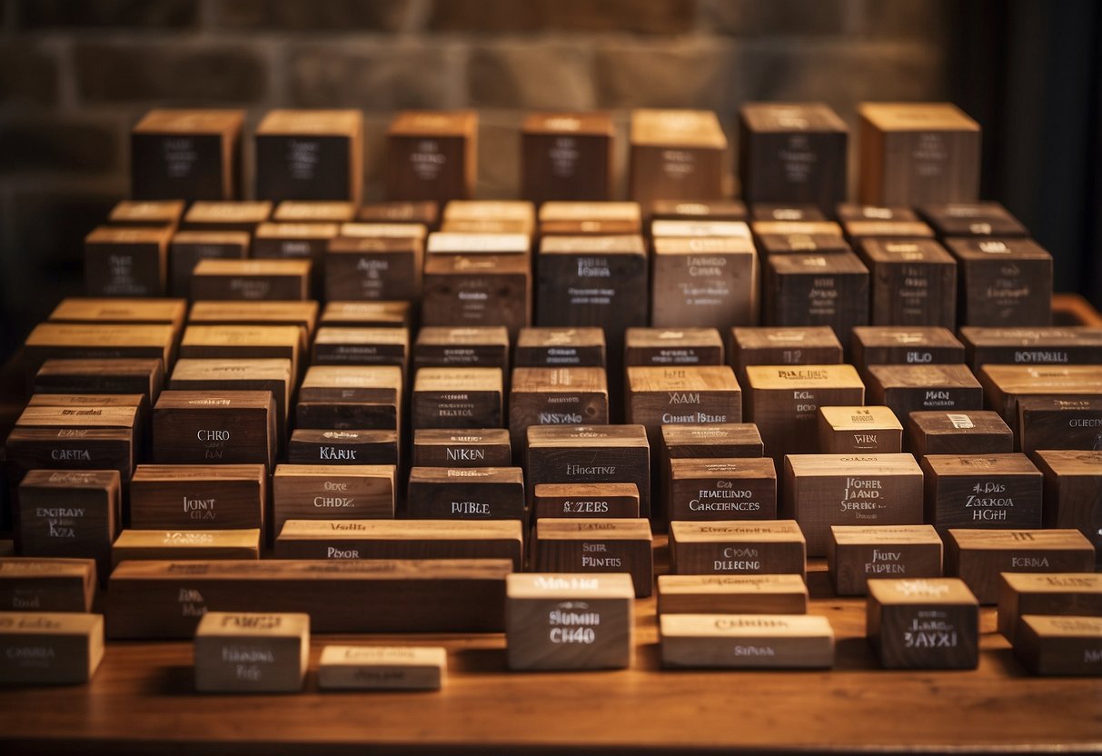 A variety of wood types are displayed on a table, each labeled with its name and characteristics. Light streams in from a nearby window, casting a warm glow over the selection
