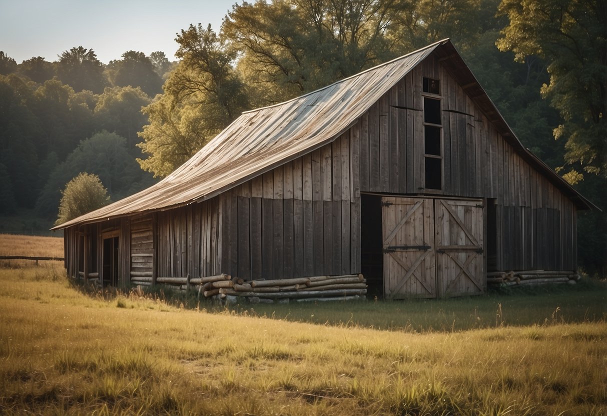 Rustic barn with weathered wood, large doors, and a tin roof nestled in a countryside setting