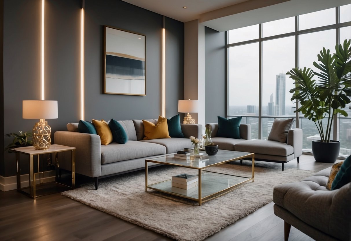 A modern, sleek condo showroom with stylish furniture arranged neatly for display. Bright lighting highlights the clean lines and contemporary designs
