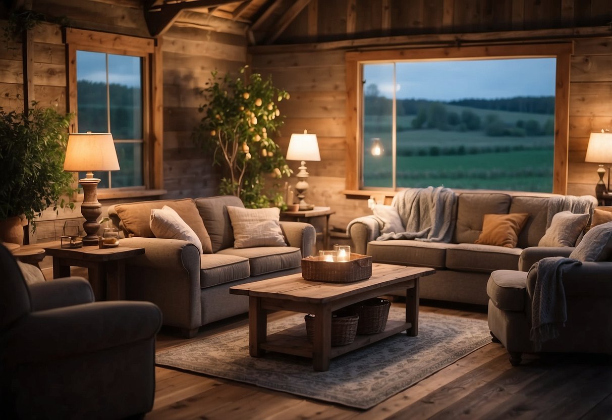 A cozy country barn with warm, rustic furniture and soft lighting, inviting guests to relax and enjoy the welcoming atmosphere