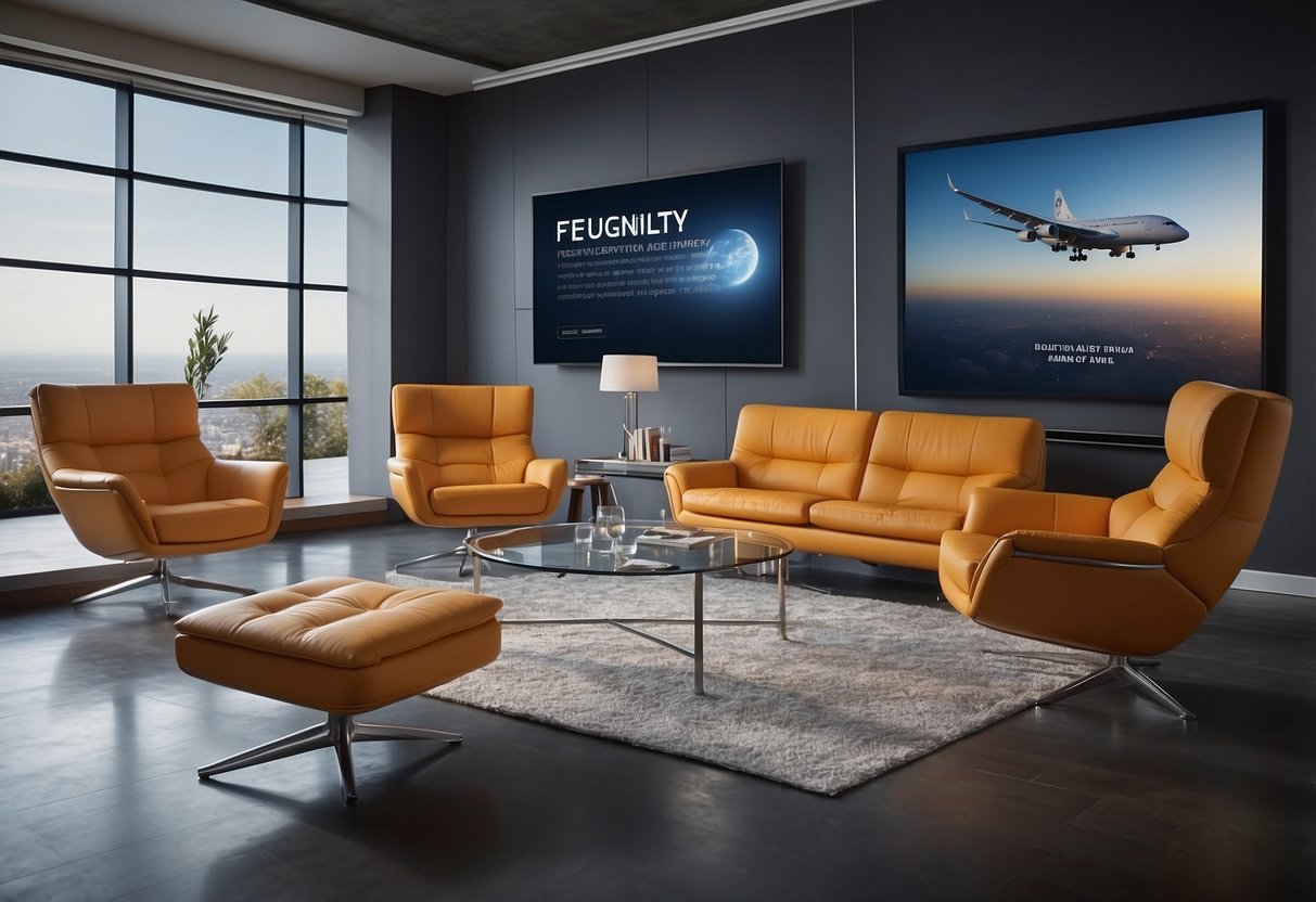 A sleek aviation-themed furniture set displayed with a "Frequently Asked Questions" banner
