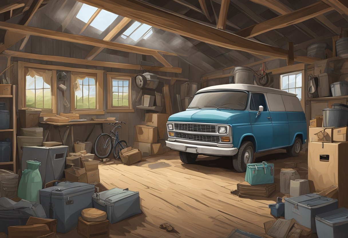 The American Pickers' van sits abandoned in a dusty, cluttered barn. Items are scattered around, while cobwebs hang from the ceiling