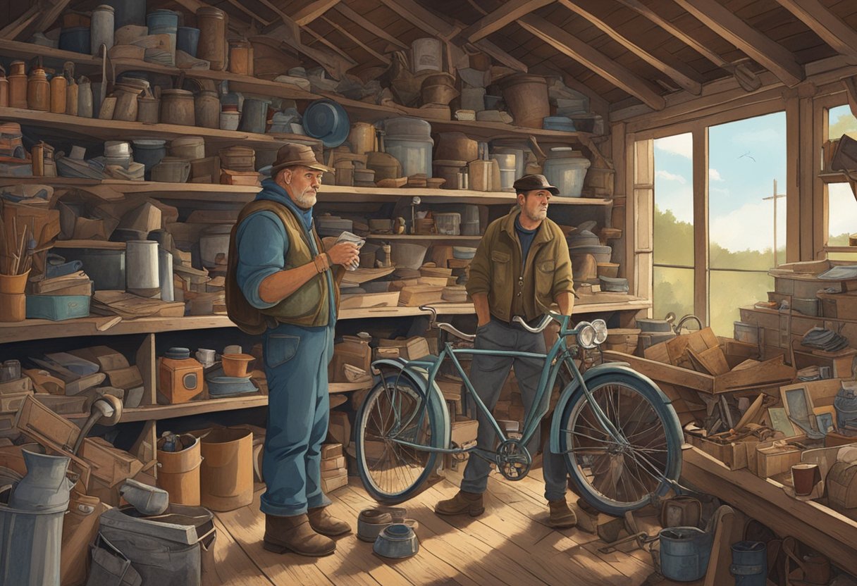 Two men in a cluttered barn, sifting through piles of vintage items. Dusty shelves, old signs, and rusted bicycles fill the space