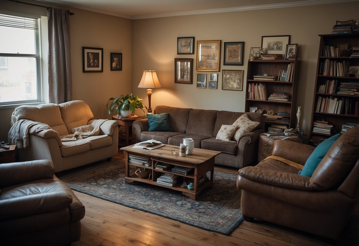 A cluttered room with mismatched, worn-out furniture. A sagging sofa, chipped coffee table, and wobbly chairs fill the space