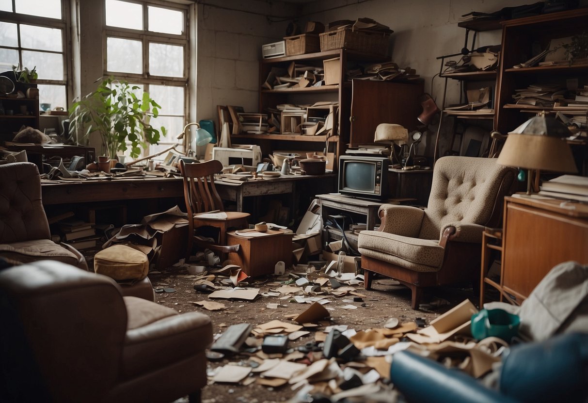 A cluttered room with various pieces of used furniture scattered about, including chairs, tables, and shelves. The furniture shows signs of wear and tear, but still has potential for refurbishment