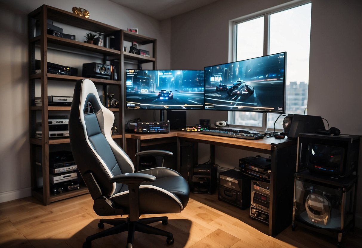 A room with a sleek gaming chair, a high-tech desk, and shelves filled with video game consoles and collectibles. A large TV screen and gaming controllers are scattered around