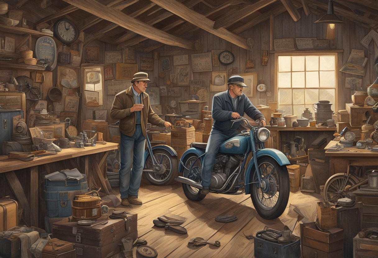 Two men negotiate over a collection of antiques in a cluttered barn. A dusty motorcycle and vintage signs fill the background