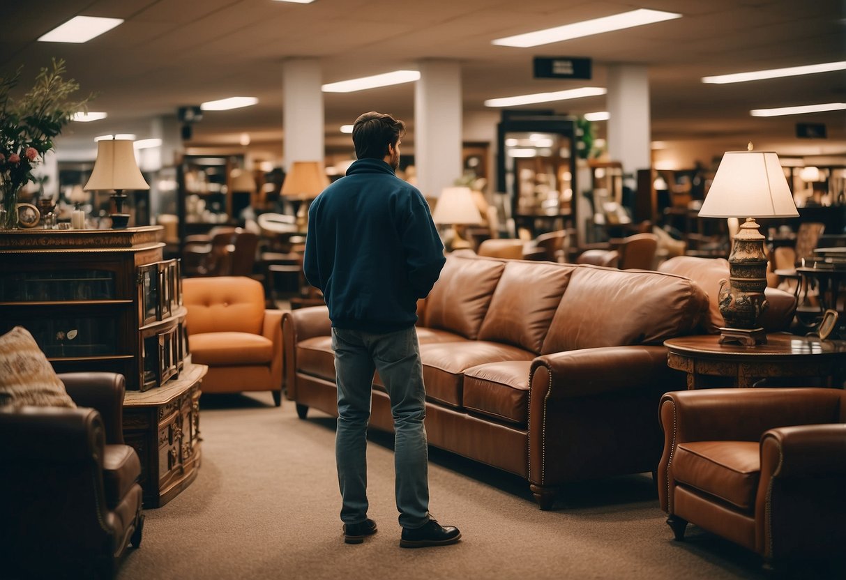 A person browsing through a variety of high-quality, gently used furniture items in a local store