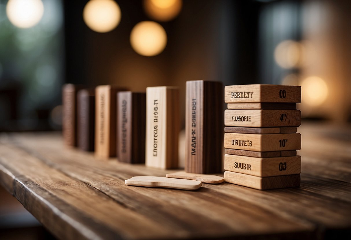 Various types of wood (oak, pine, mahogany) arranged on a table with a sign "Frequently Asked Questions: Different Types of Wood for Furniture."