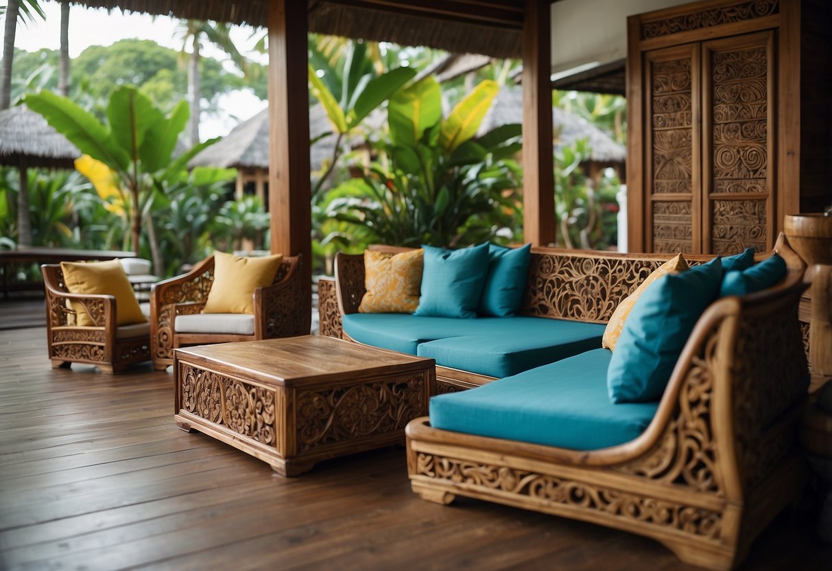 A serene beachfront setting with modern Balinese furniture in Seminyak, featuring intricate wood carvings and vibrant fabric cushions
