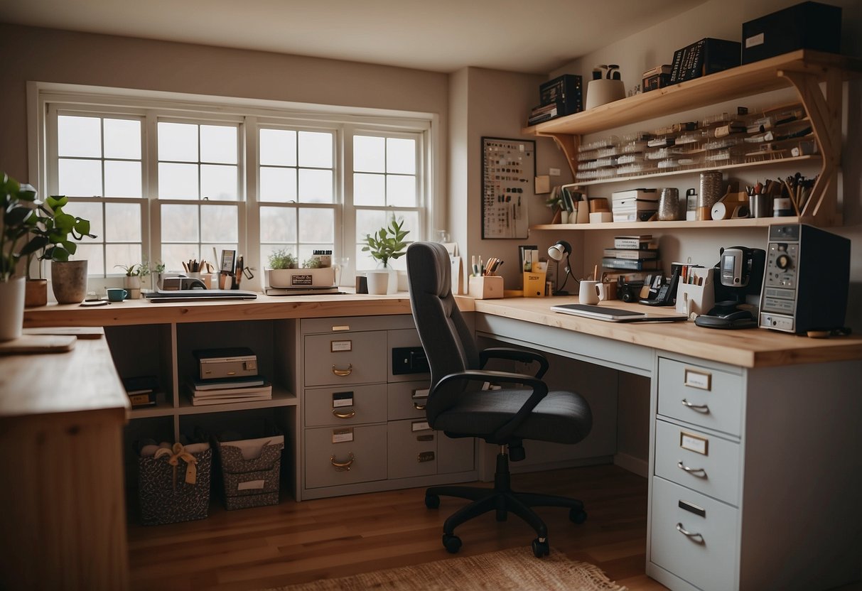 A well-lit, organized craft space with a sturdy desk, comfortable chair, and ample storage for supplies and tools