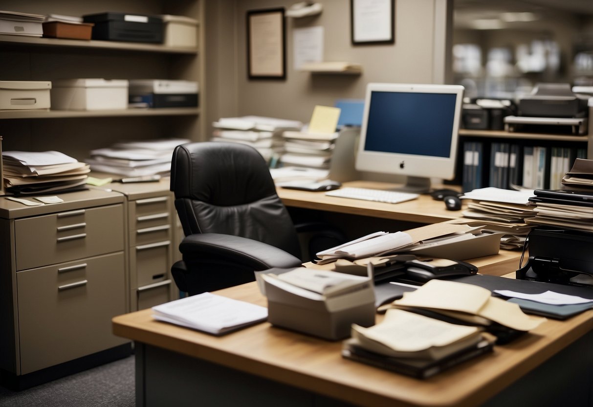 A cluttered office space with worn desks and chairs, filing cabinets, and shelves. The furniture shows signs of use and age, but still functional