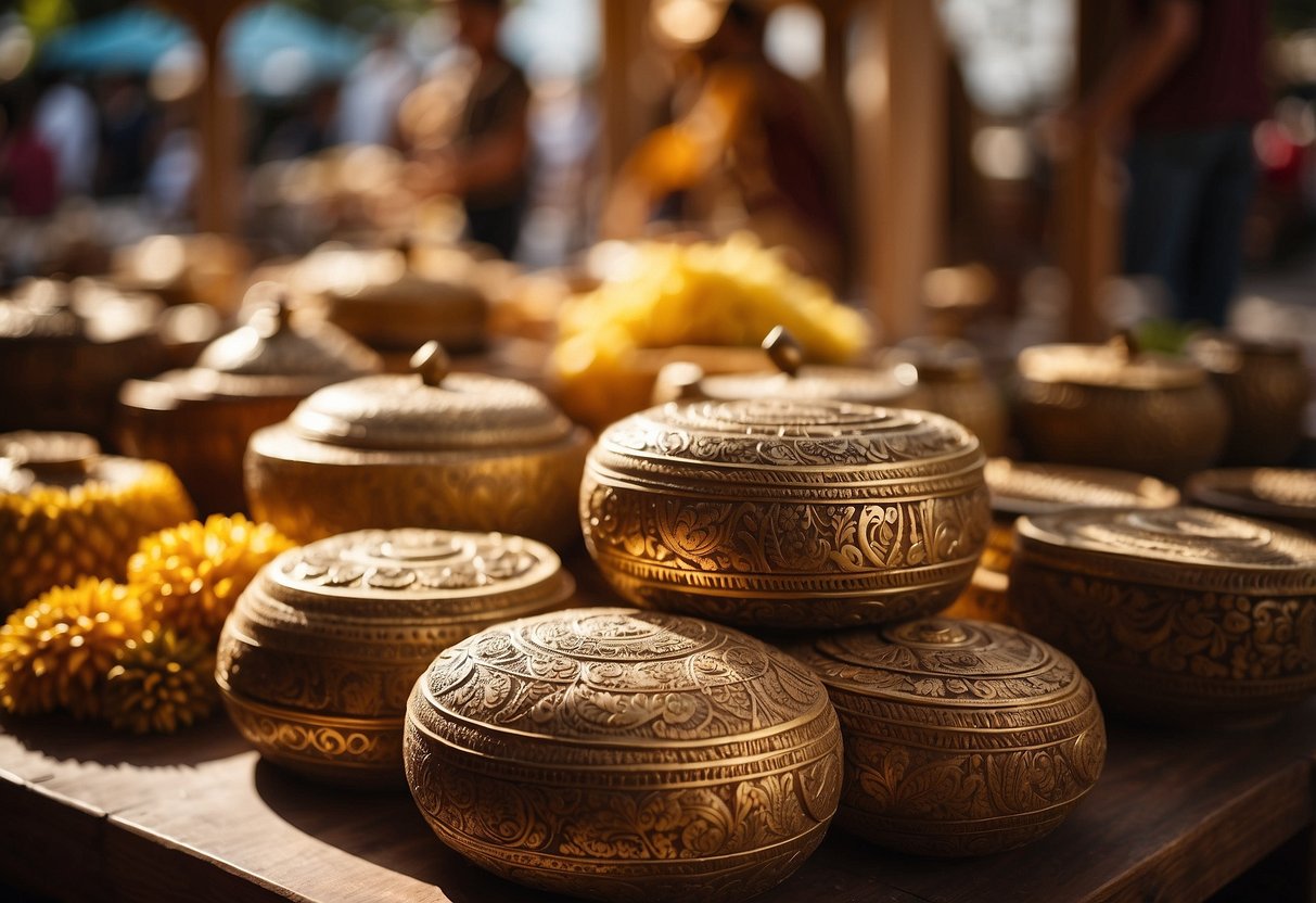 A bustling market in Seminyak, filled with intricately carved wooden furniture and vibrant textiles from Bali. The warm sunlight filters through the open-air market, casting a golden glow on the unique pieces displayed