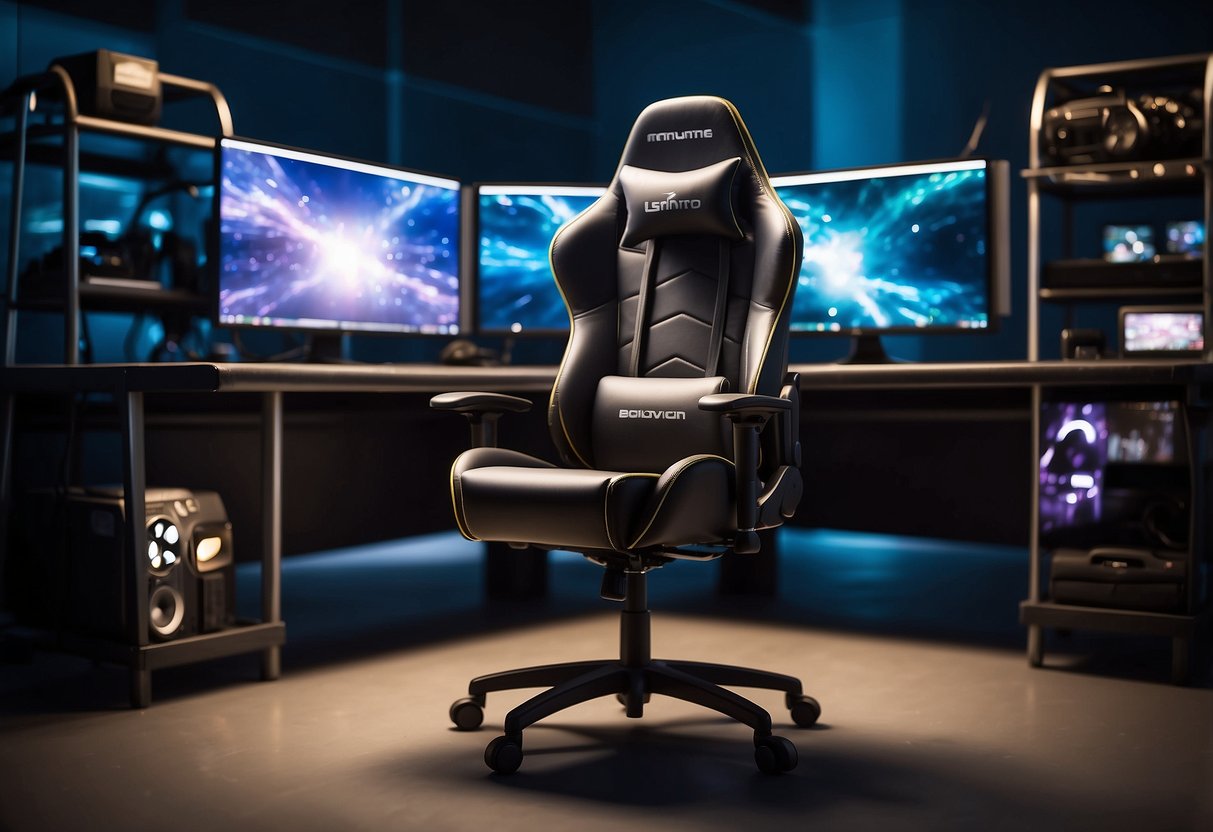 A gaming chair with adjustable armrests and lumbar support, a sleek desk with cable management, and a multi-monitor setup on a sturdy stand