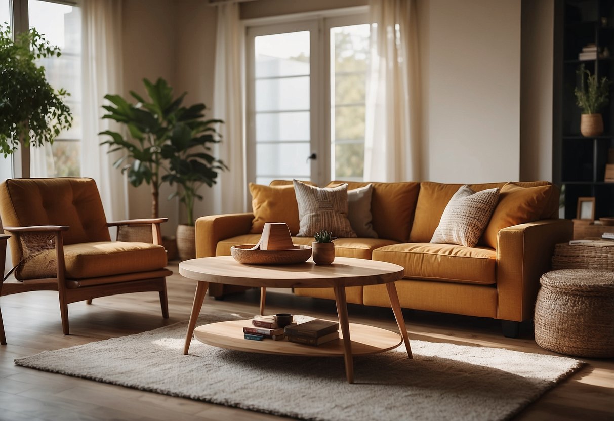 A cozy living room filled with stylish, high-quality used furniture arranged to maximize space and comfort. Rich textures and warm colors create a welcoming atmosphere