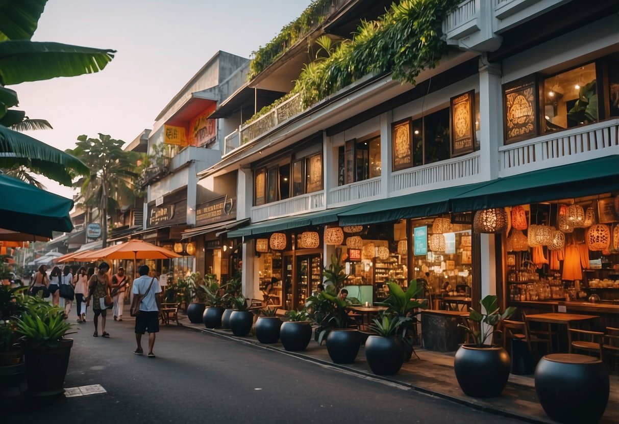 A bustling street in Seminyak, lined with modern furniture stores and boutique shops. Brightly colored signs and intricate window displays catch the eye of passersby
