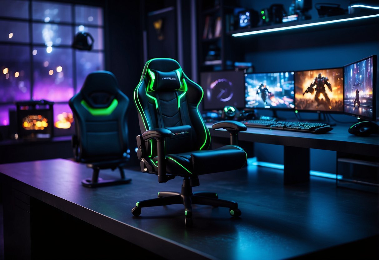 A gaming chair sits in front of a sleek desk with multiple monitors. Shelves display gaming peripherals and collectibles. LED lights illuminate the space