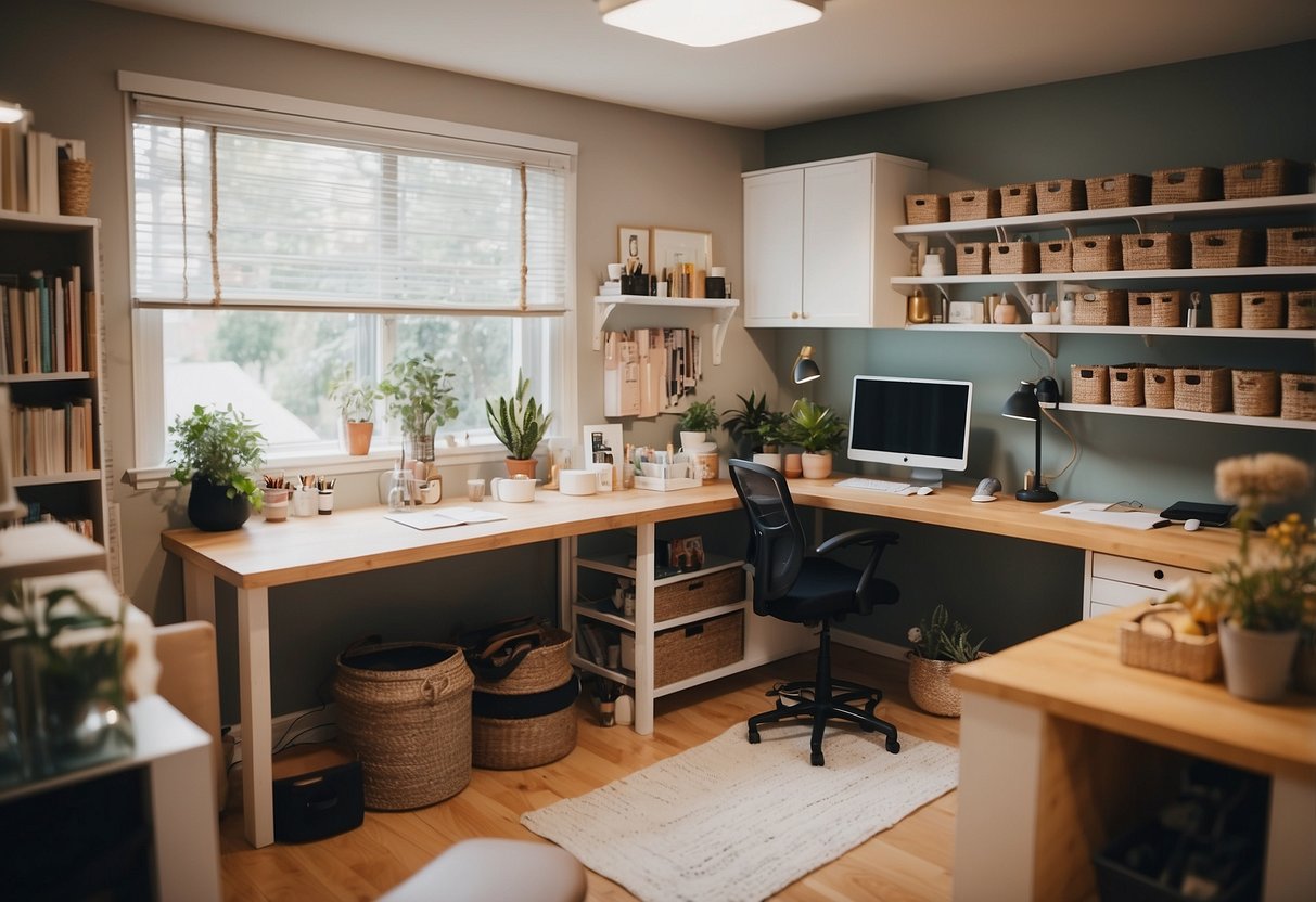A well-lit craft room with organized storage, a spacious work table, and comfortable seating for long creative sessions