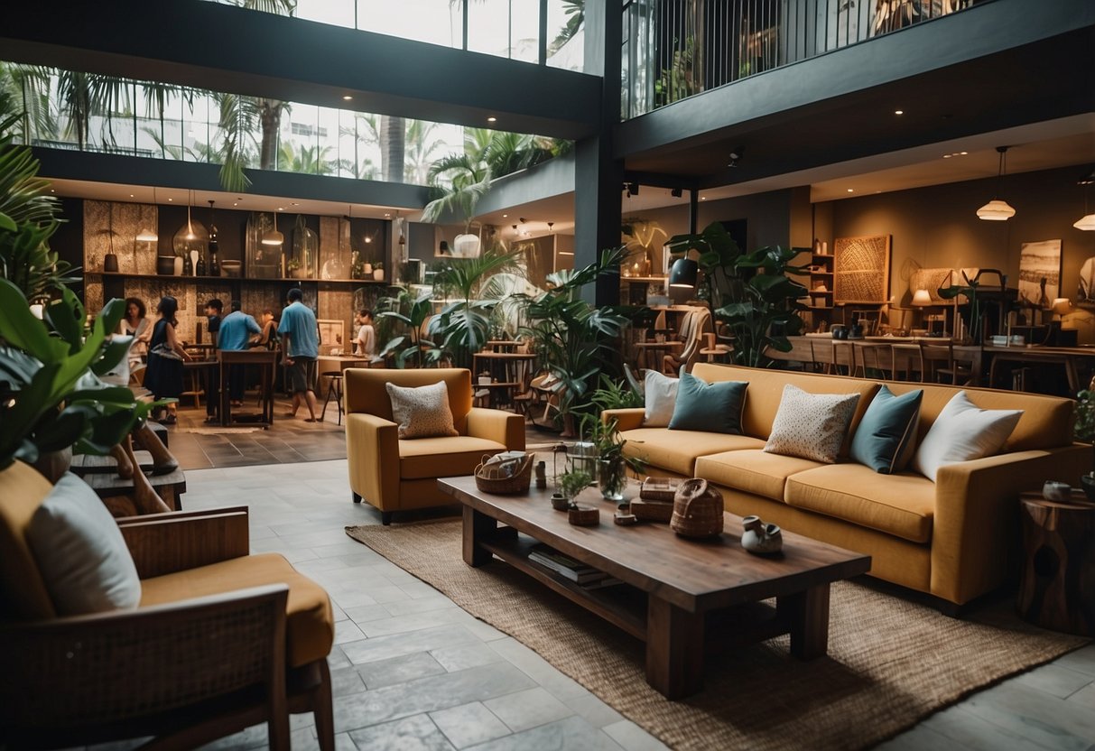 A bustling furniture store in Seminyak, Bali, with customers browsing and asking questions about the unique and stylish pieces on display