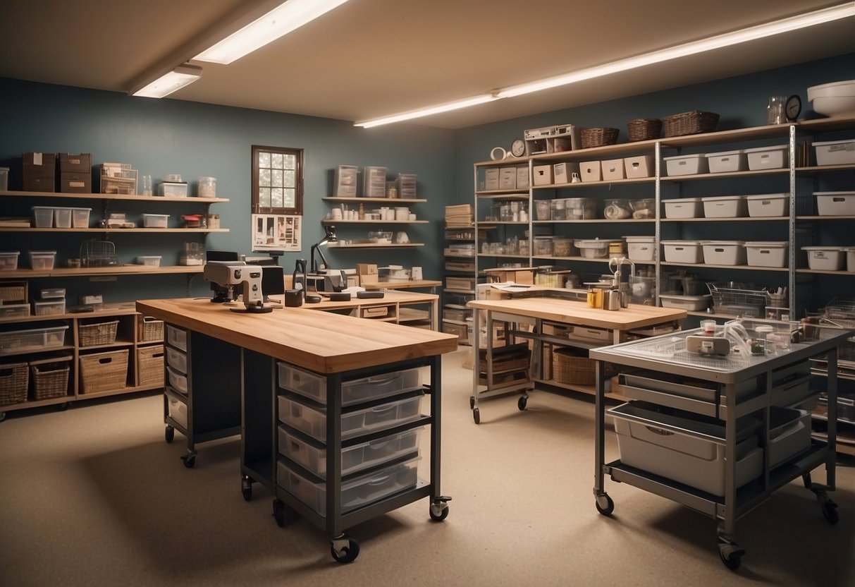 Craft room with functional furniture: large work table, storage shelves, and rolling carts. Bright lighting and organized supplies