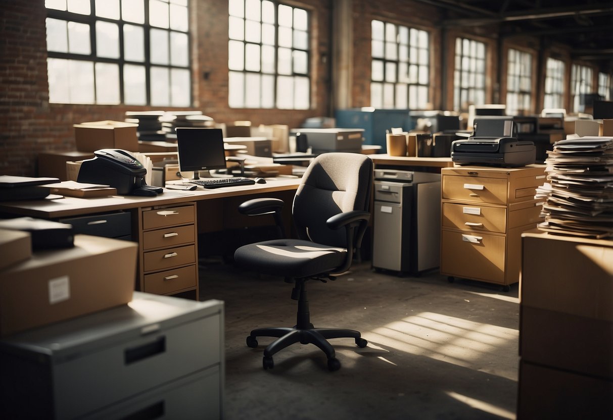 Office furniture stacked in a cluttered warehouse, with desks, chairs, and filing cabinets. Sunlight filters through dusty windows, casting shadows on the worn surfaces