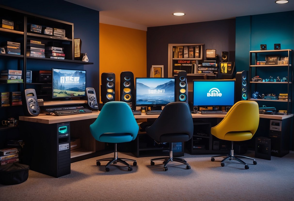 A colorful array of video game furniture, including chairs, desks, and shelves, is neatly arranged in a modern and inviting setting