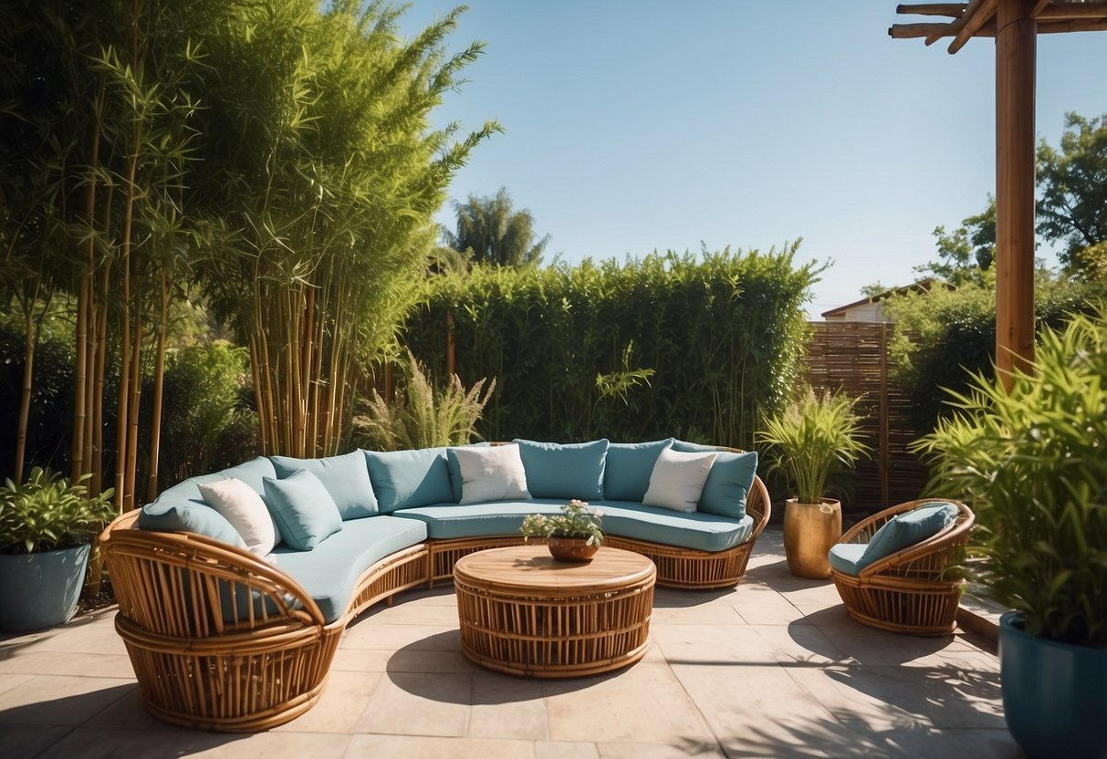 Bamboo outdoor furniture arranged on a patio with lush green plants and a bright blue sky in the background
