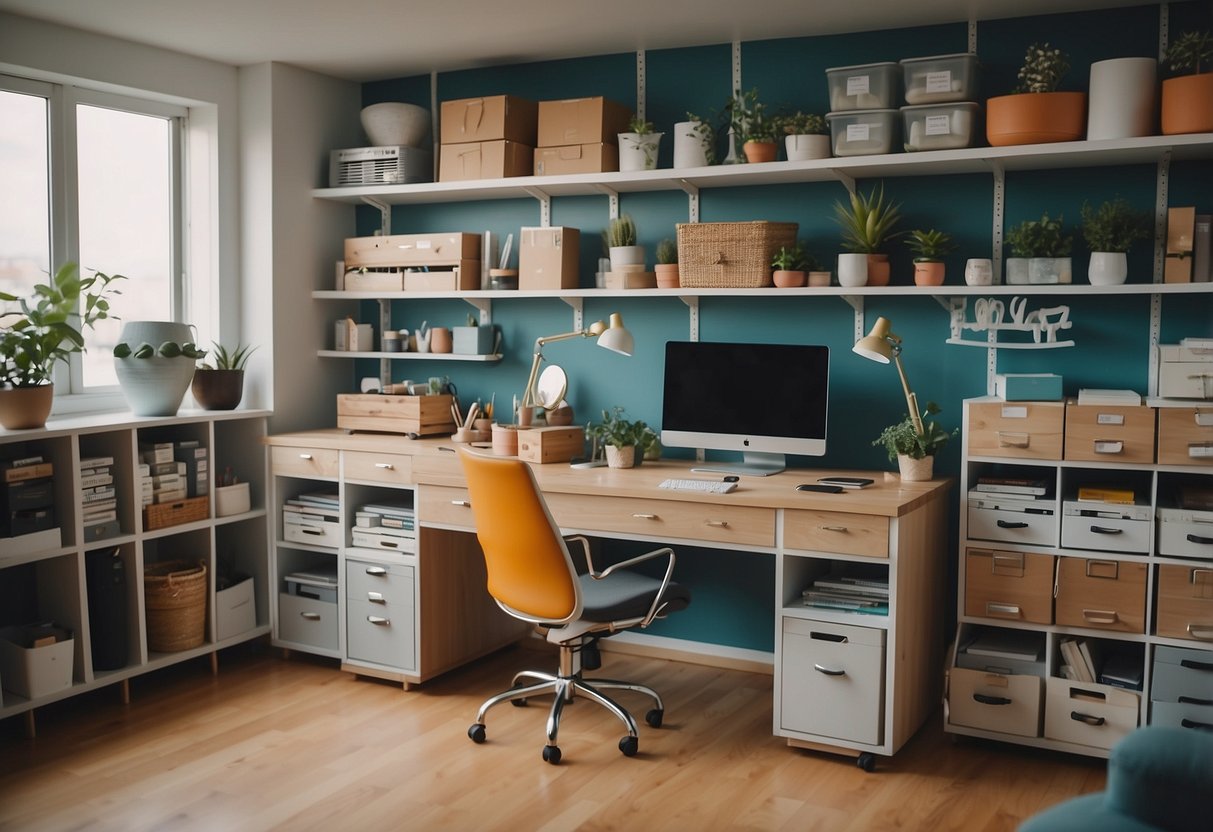 A well-organized craft space with labeled storage, ergonomic furniture, and a bright, inspiring color scheme