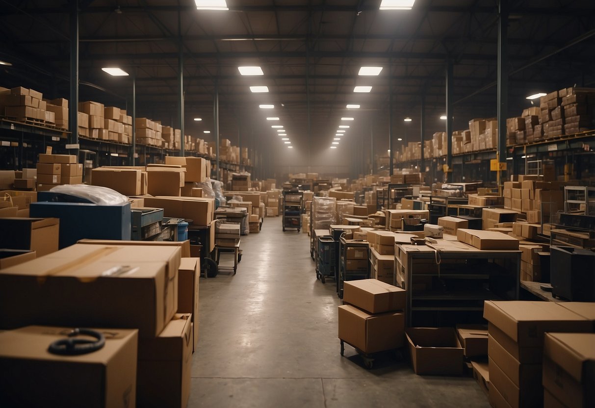 A cluttered warehouse with rows of mismatched furniture, dimly lit and filled with dust. Random items are scattered, waiting to be discovered